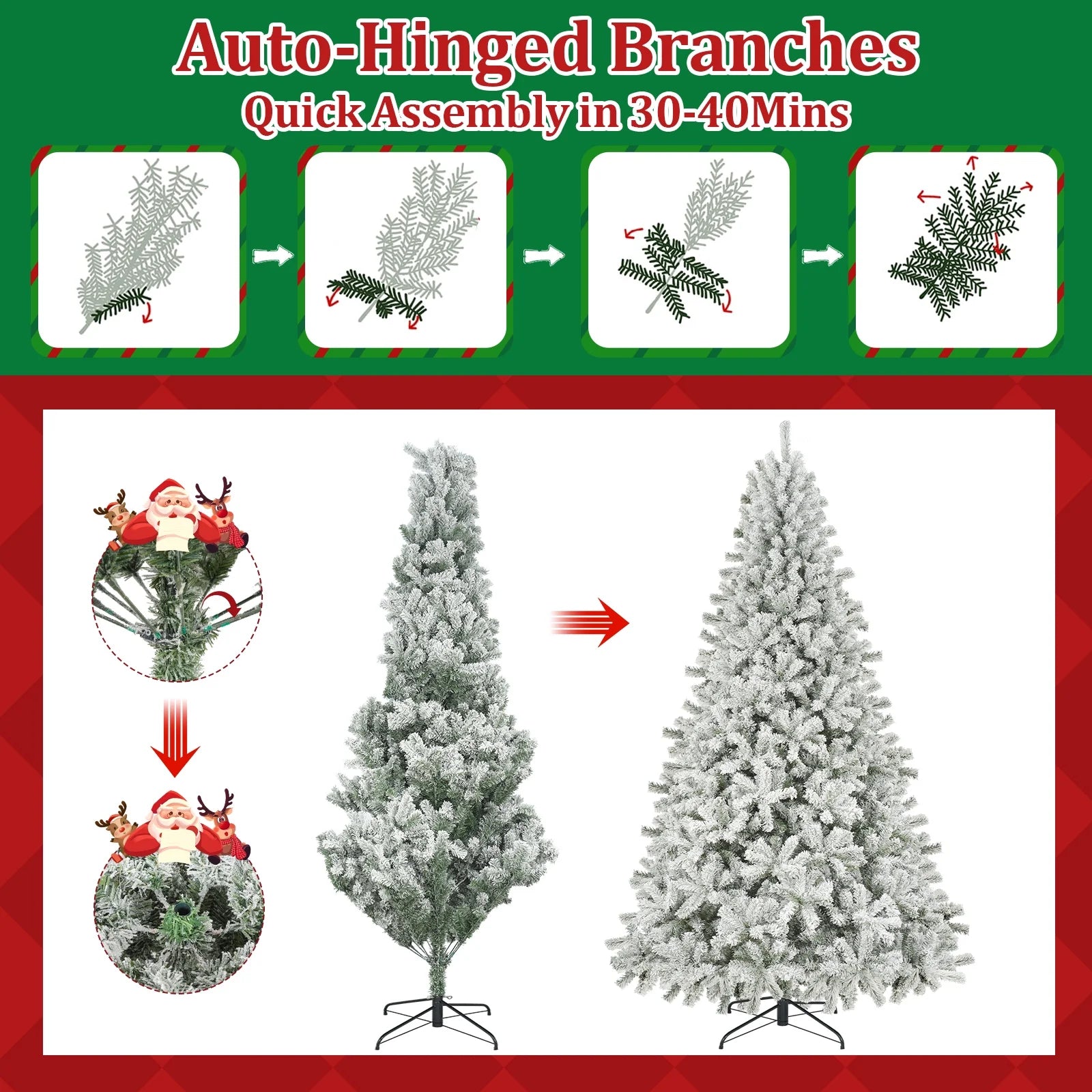 Qunler 9ft Snow Flocked Christmas Tree with 2028 Tips, Artificial Snowy Xmas Pine Tree with Reinforced Metal Base for Home Office Party Holiday Decorations ,White(NO Light)