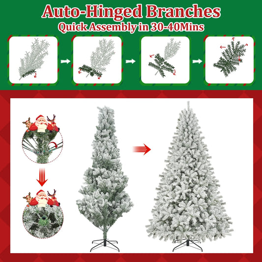 Qunler 9ft Snow Flocked Christmas Tree with 2028 Tips, Artificial Snowy Xmas Pine Tree with Reinforced Metal Base for Home Office Party Holiday Decorations ,White(NO Light)
