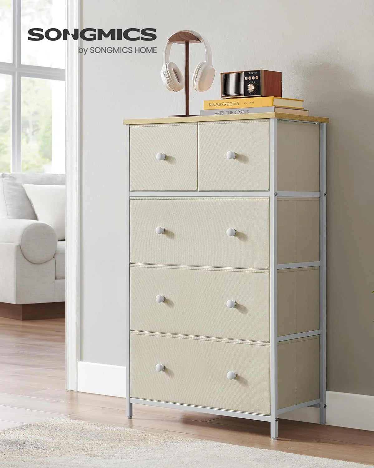 SONGMICS 5 Fabric Drawers Dresser Storage Tower with Unit for-Living-Room Hallway-Nursery Camel Yellow + Cream White