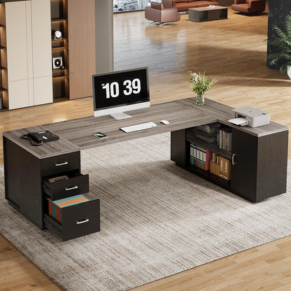 Tribesigns 85.8" L-Shaped Executive Desk, Extra Large Office Desk with File Drawers, Modern Business Furniture with Door Cabinet, Shelves for Home Office, White & Brown