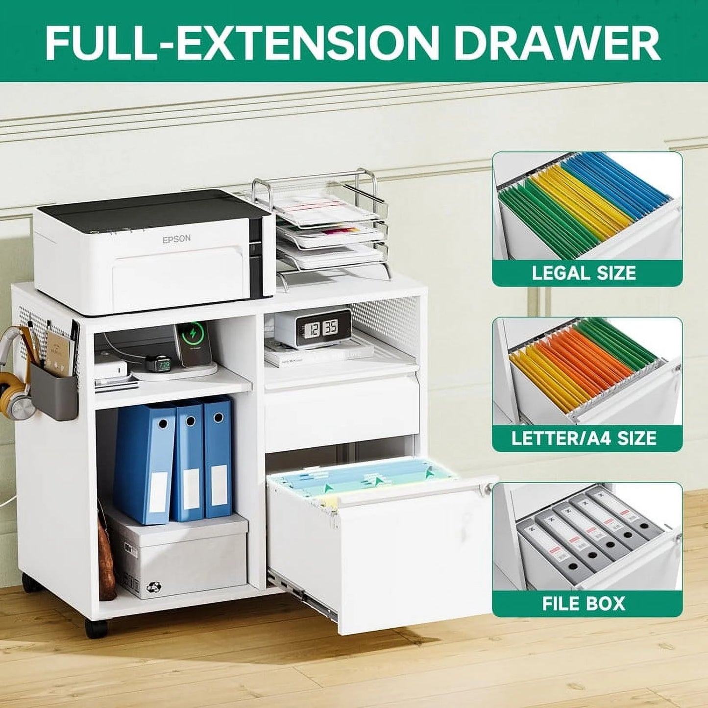Fesbos Mobile File Cabinet, Metal Lateral Rolling Printer Stand Filing Cabinets with Shelves for Home Office-Storage A4/F4/Letter/Legal