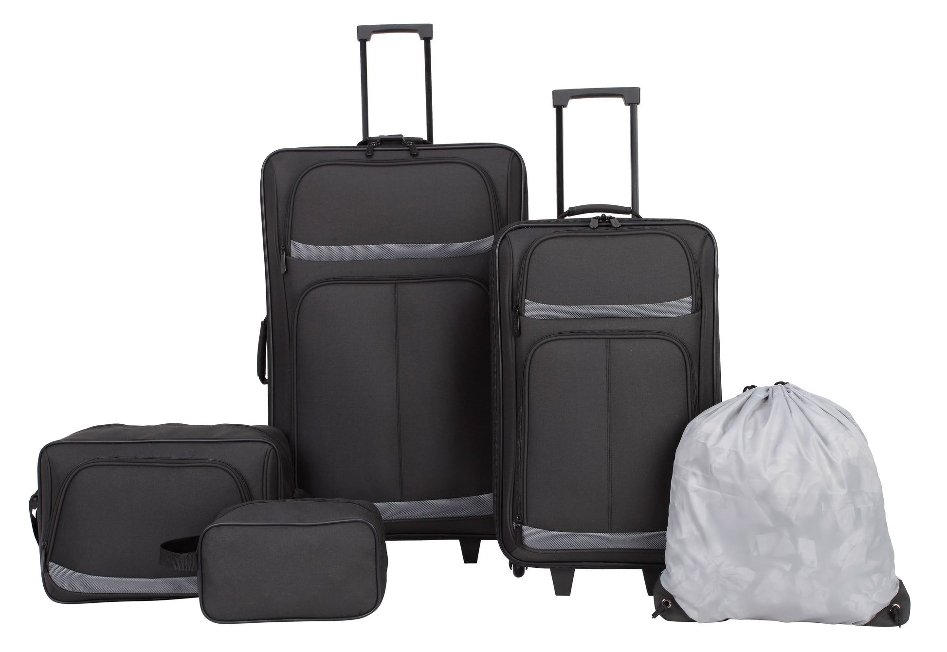 Protege 5 Piece 2-Wheel Luggage Set, 28 in Checked, 21" Carry-on, 13.75" Boarding Bag, 9" Toiletry Kit and Matching Laundry Cinch Sack, All Ages, Black