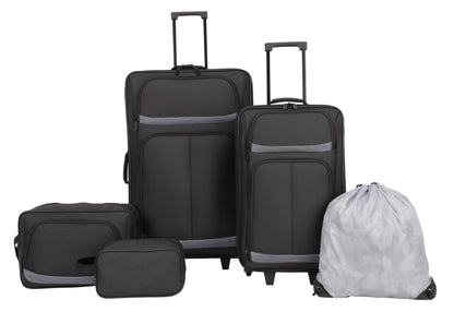 Protege 5 Piece 2-Wheel Luggage Set, 28 in Checked, 21" Carry-on, 13.75" Boarding Bag, 9" Toiletry Kit and Matching Laundry Cinch Sack, All Ages, Black