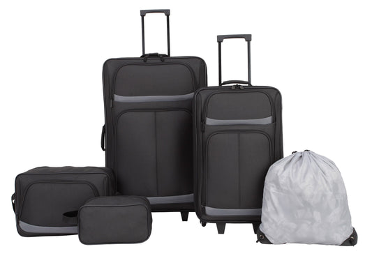 Protege 5 Piece 2-Wheel Luggage Set, 28 in Checked, 21" Carry-on, 13.75" Boarding Bag, 9" Toiletry Kit and Matching Laundry Cinch Sack, All Ages, Black