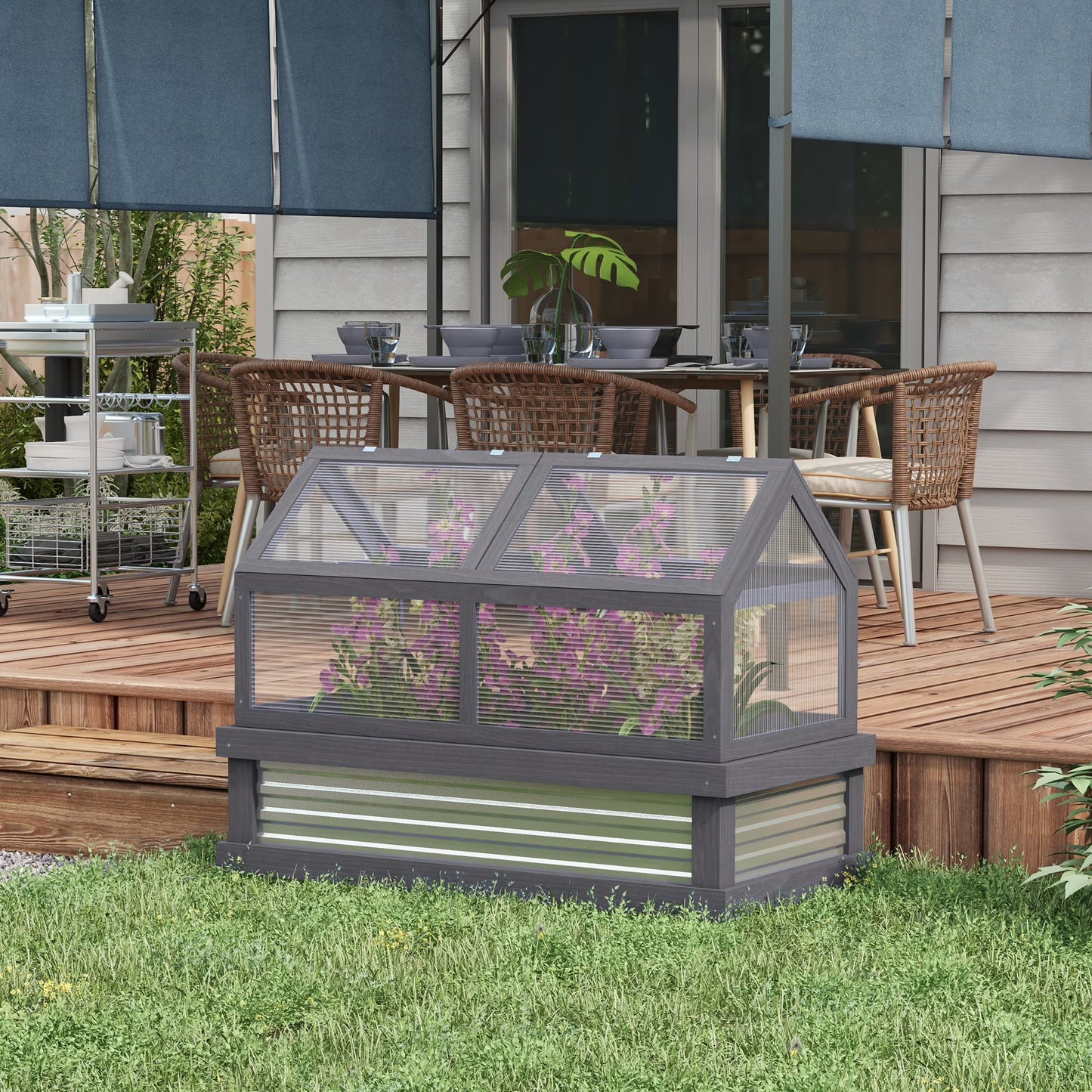 Outsunny Raised Garden Bed with Polycarbonate Greenhouse, Wooden Garden Cold Frame Greenhouse, Flower Planter Protection, 48" x 24" x 32", Natural
