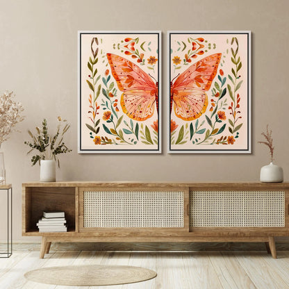 IDEA4WALL Framed Canvas Print Wall Art Set Whimsical Butterfly and Florals Illustration Abstract Botanical Boho Modern Art Wall Decor Colorful Chic Artwork for Home Decor - Natural 24"x36"x2