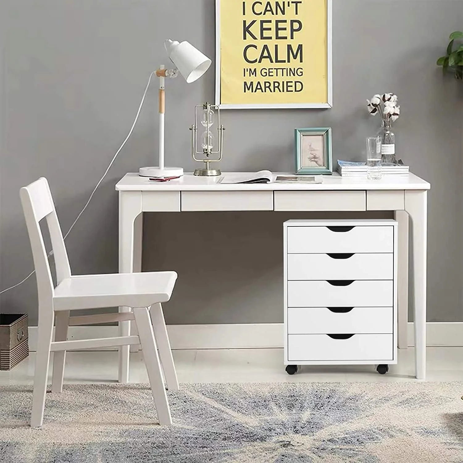 DWVO Wood File Cabinet Rolling Cart 5 Drawer Home Office Storage Organizer White
