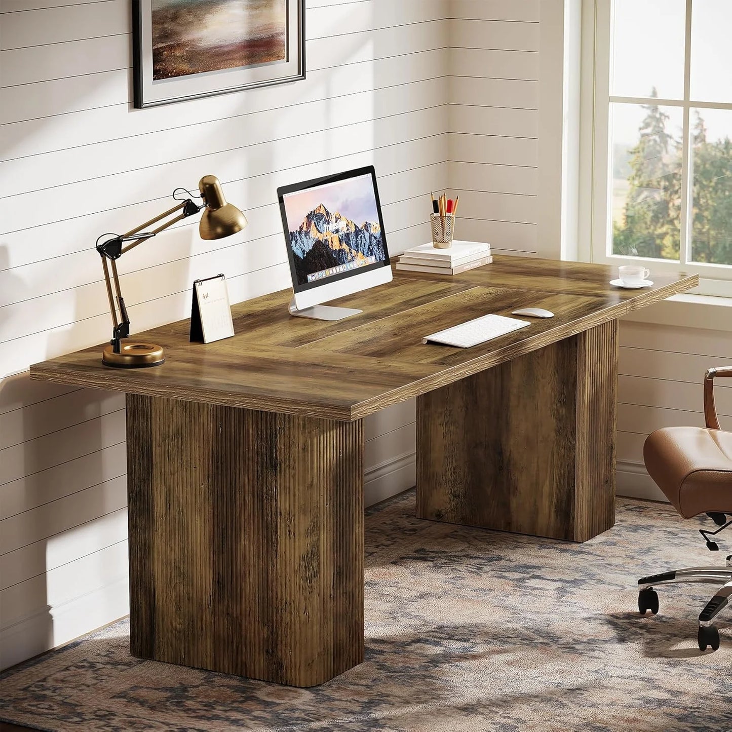 Tribesigns 63-Inch Farmhouse Executive Desk, Office Desk with Double Pedestal, Rustic Brown Executive Computer Workstation for Home Office