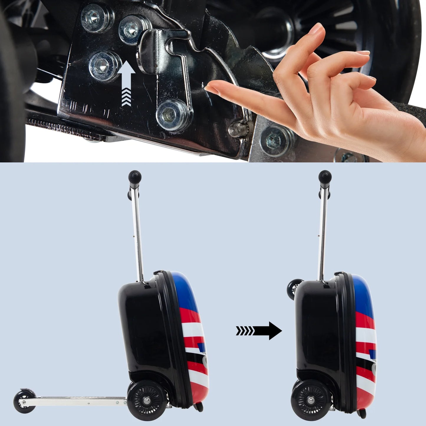 Kids Luggage Scooter, 3-Level Height Adjustable, Pirate Theme Foldable Carry-On Suitcase, Lightweight Ride-On Scooter