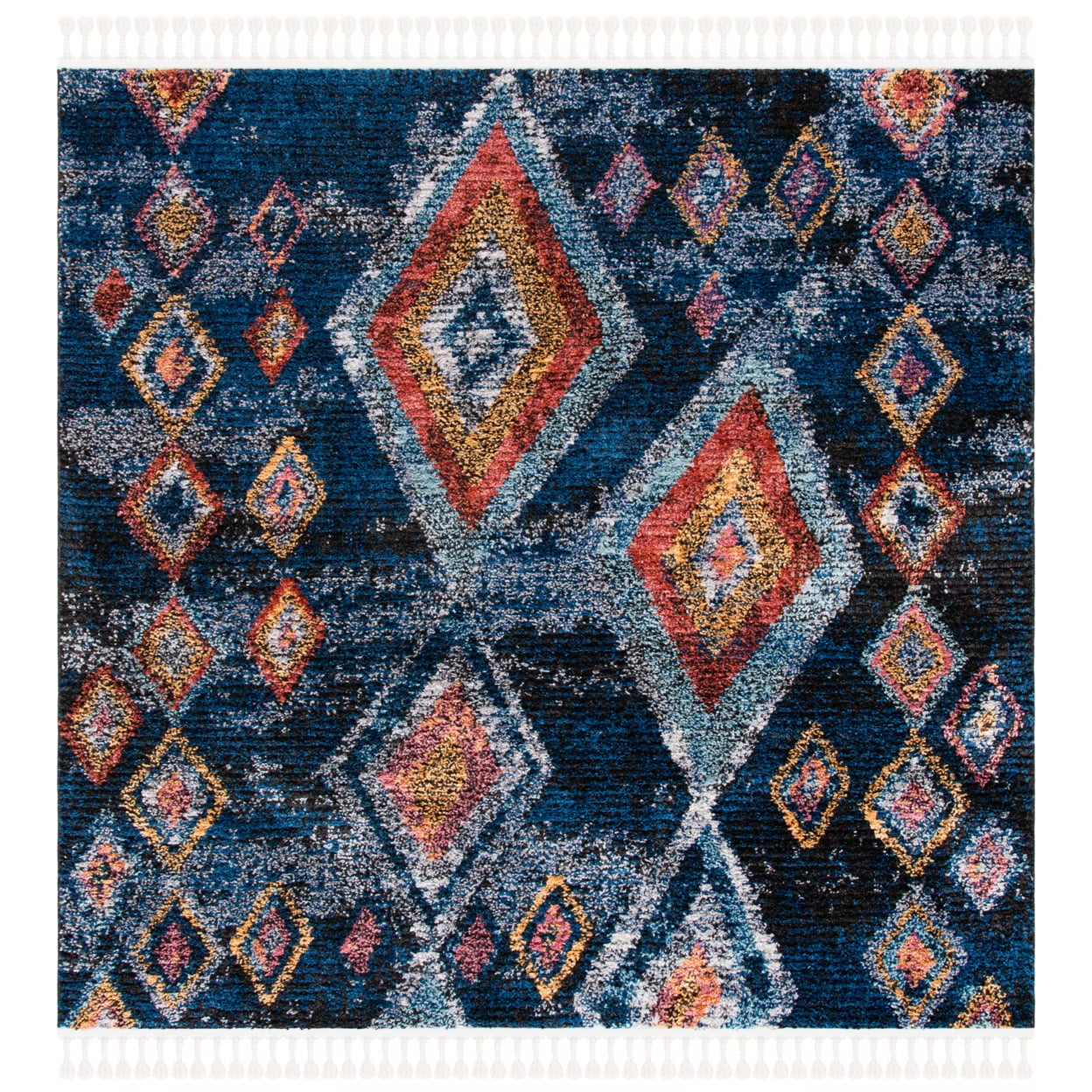 SAFAVIEH Morocco Sloan Abstract Geometric Polyester Area Rug, Navy/Multi, 6'7" x 6'7" Square
