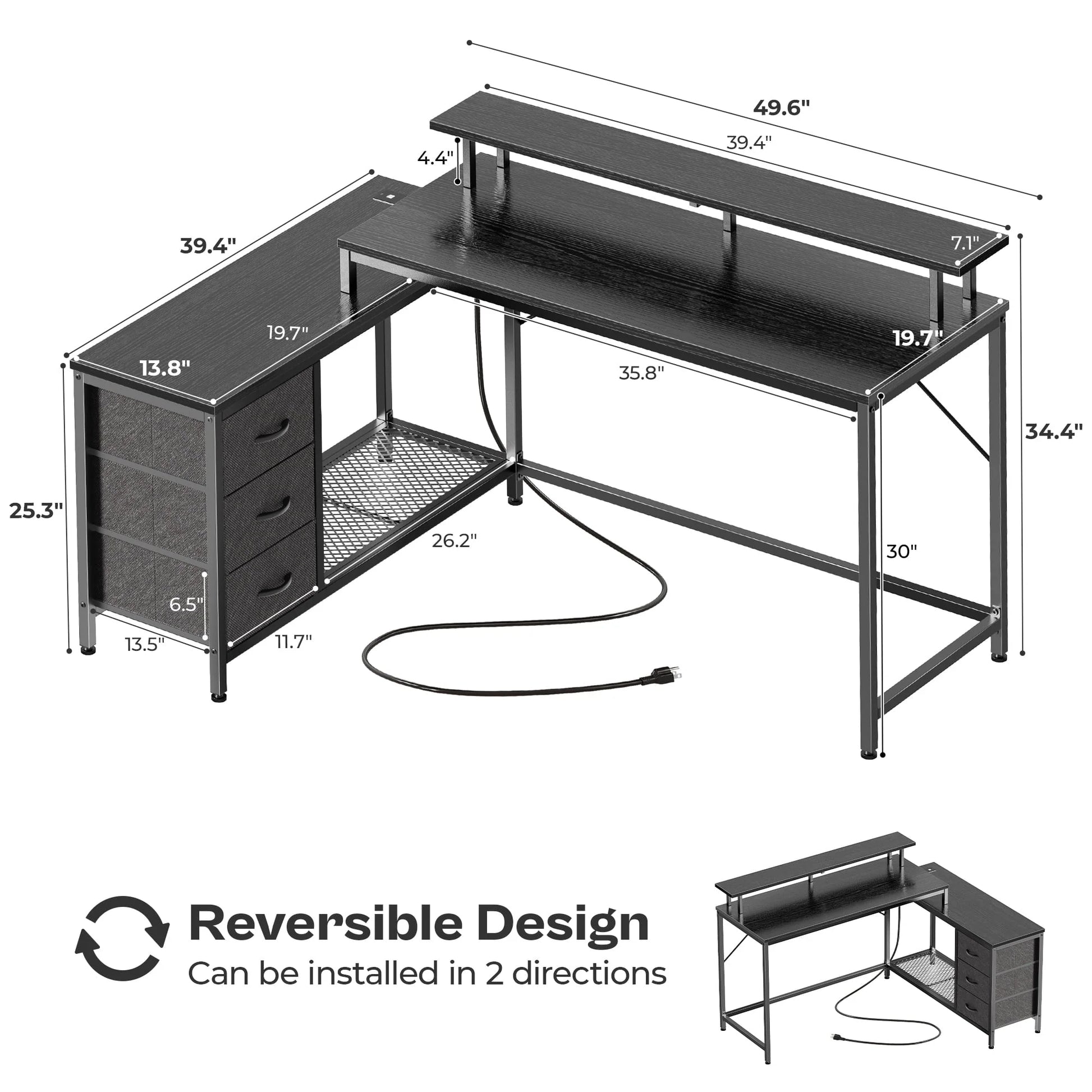 Huuger Computer Desk with LED Lights and Power Outlets, L Shaped Gaming Desk with Drawers & Storage Shelf, Reversible Home Office Desk with Monitor Stand, Black
