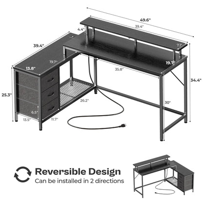Huuger Computer Desk with LED Lights and Power Outlets, L Shaped Gaming Desk with Drawers & Storage Shelf, Reversible Home Office Desk with Monitor Stand, Black