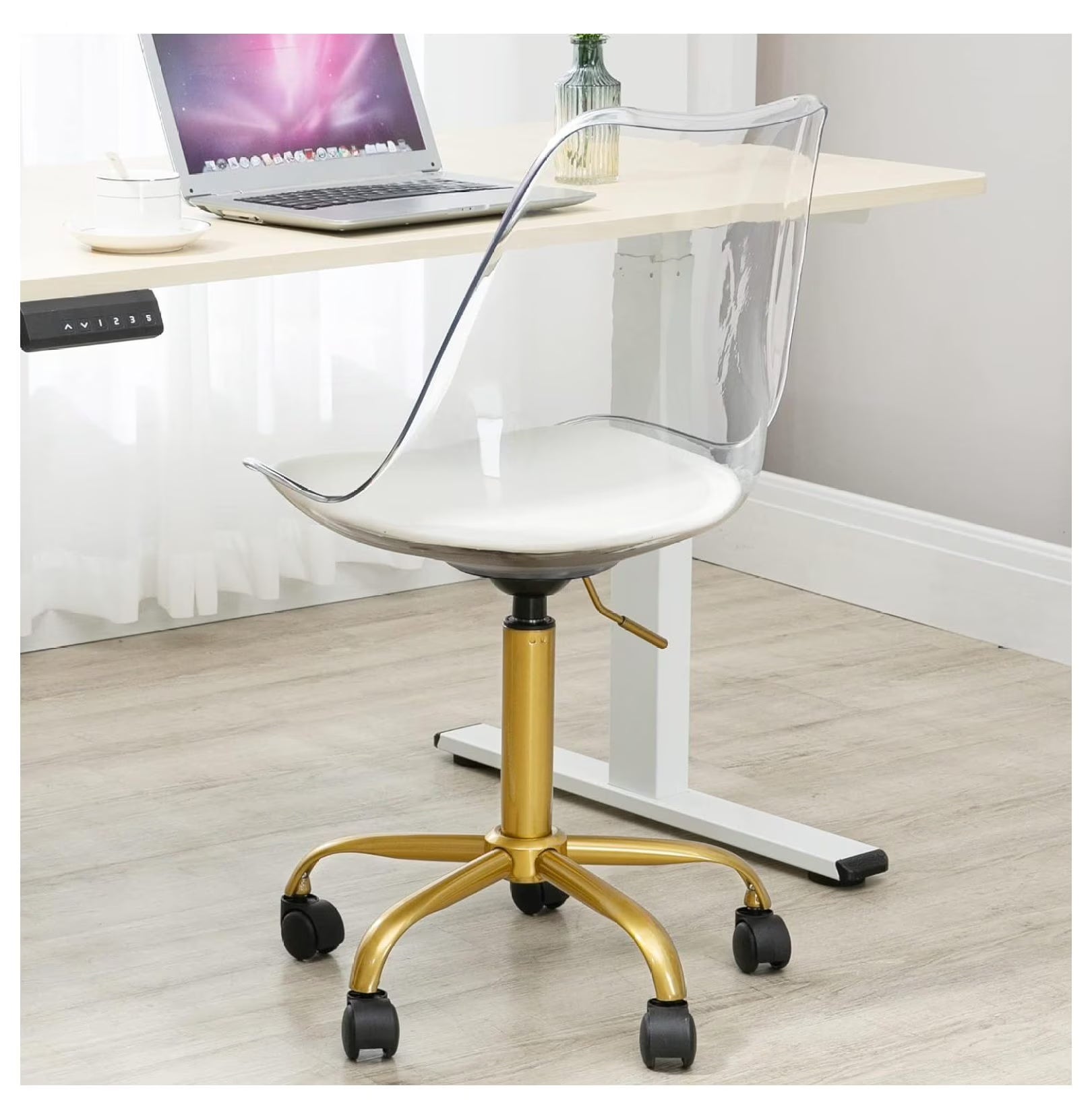 saney Clear Rolling Chair, Armless Desk Chair with Golden Feet Swivel Molded Plastic Shell Adjustable Home Office Chair with Wheels, Clear