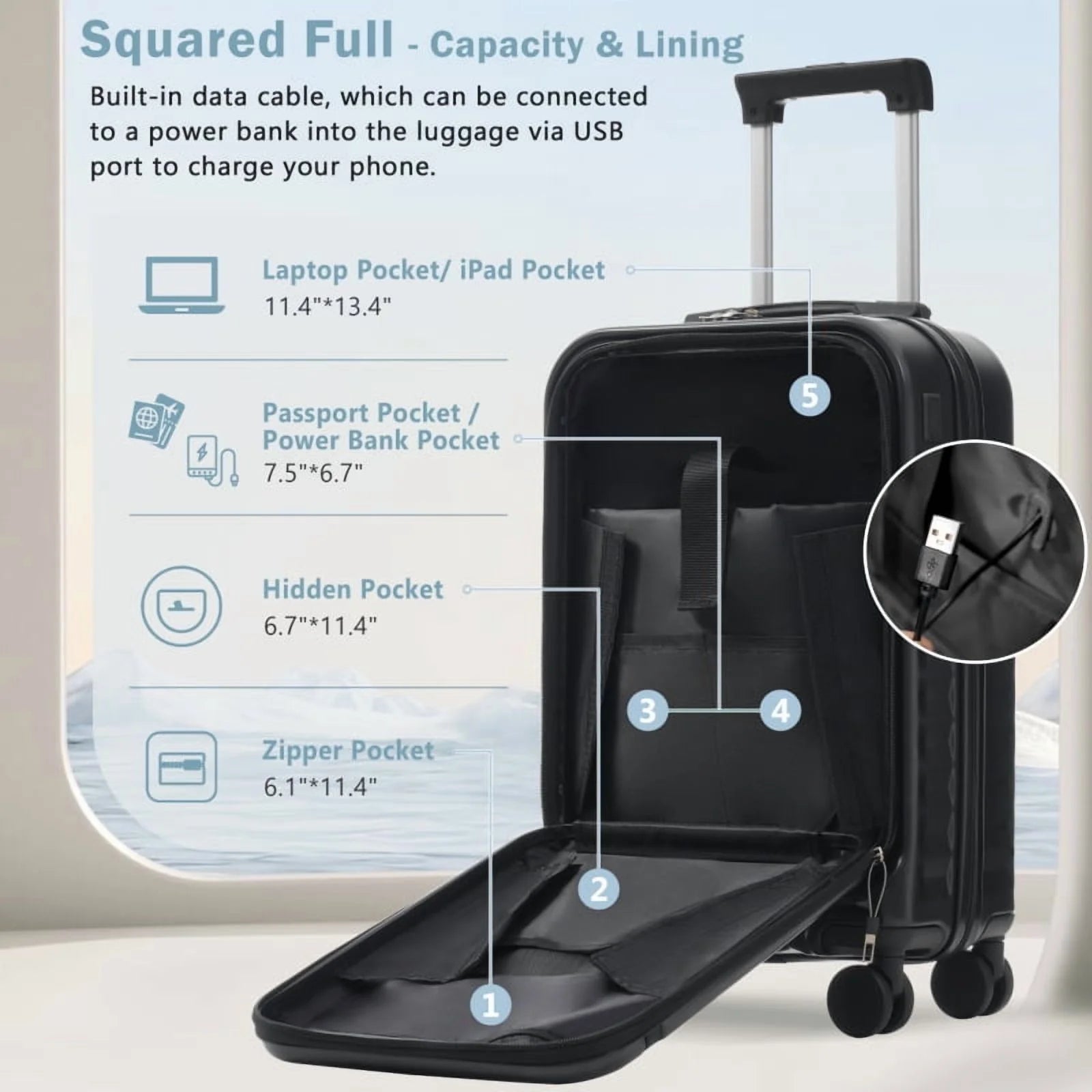 Front Opening Luggage Set 3 Piece, Hardside Carry on Suitcase with USB Port, Expandable Luggage with Handle Bag Spinner Wheels TSA Lock