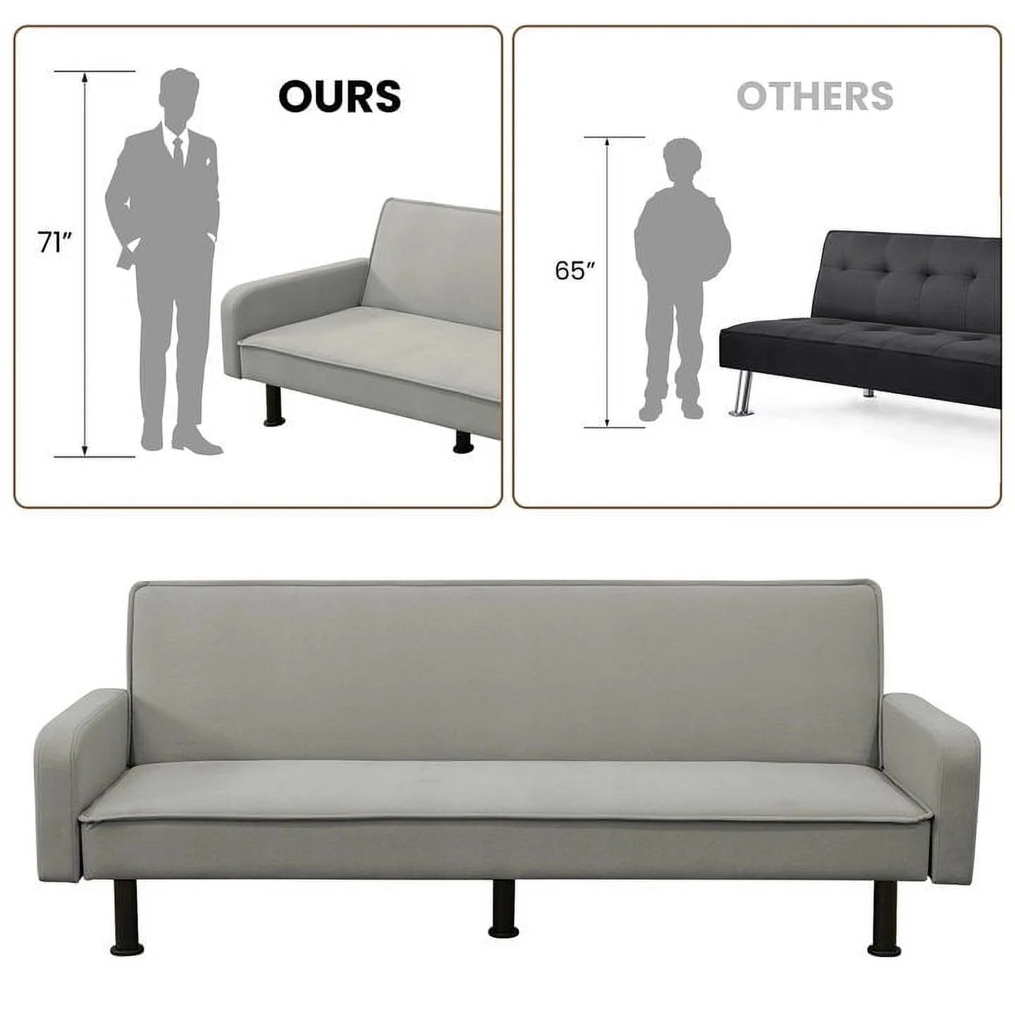 Aukfa 78" Square Arm Futon Sofa Bed Upholstered 3 Seat Couch for Home Office, Flannel, Light Gray