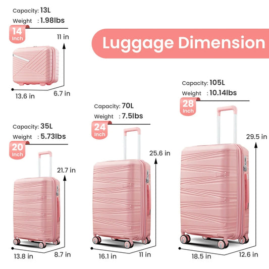4 Piece Luggage Set, 14"/20''/24/''28'' Expandable Lightweight Suitcase with Noise-free Double Spinner Wheels & TSA Lock, Polypropylene Hardshell Storage Case for Travel Vacation, Champagne