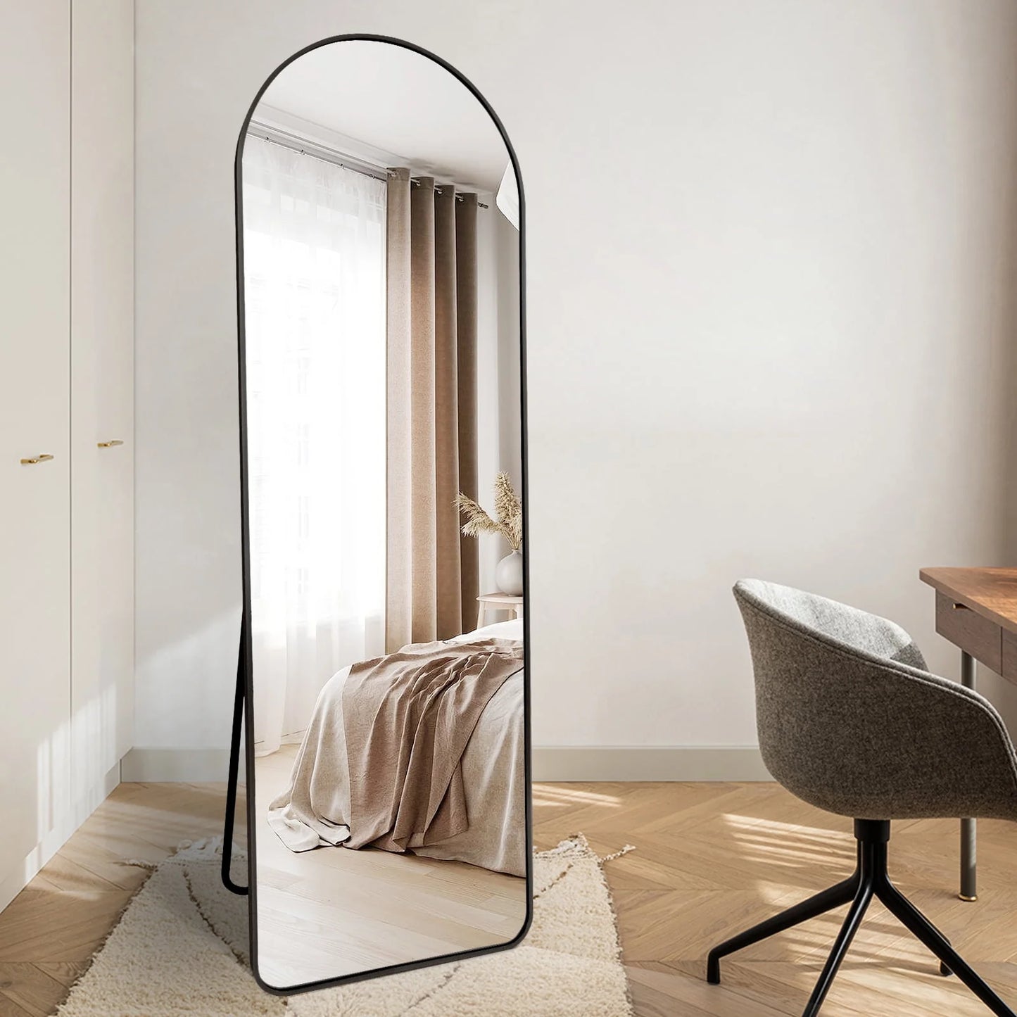 Full Length Mirror Standing Hanging or Leaning Against Wall 65" x 22" Rounded Arch Floor Mirror Full Body Mirror for Bedroom, Living Room , Black
