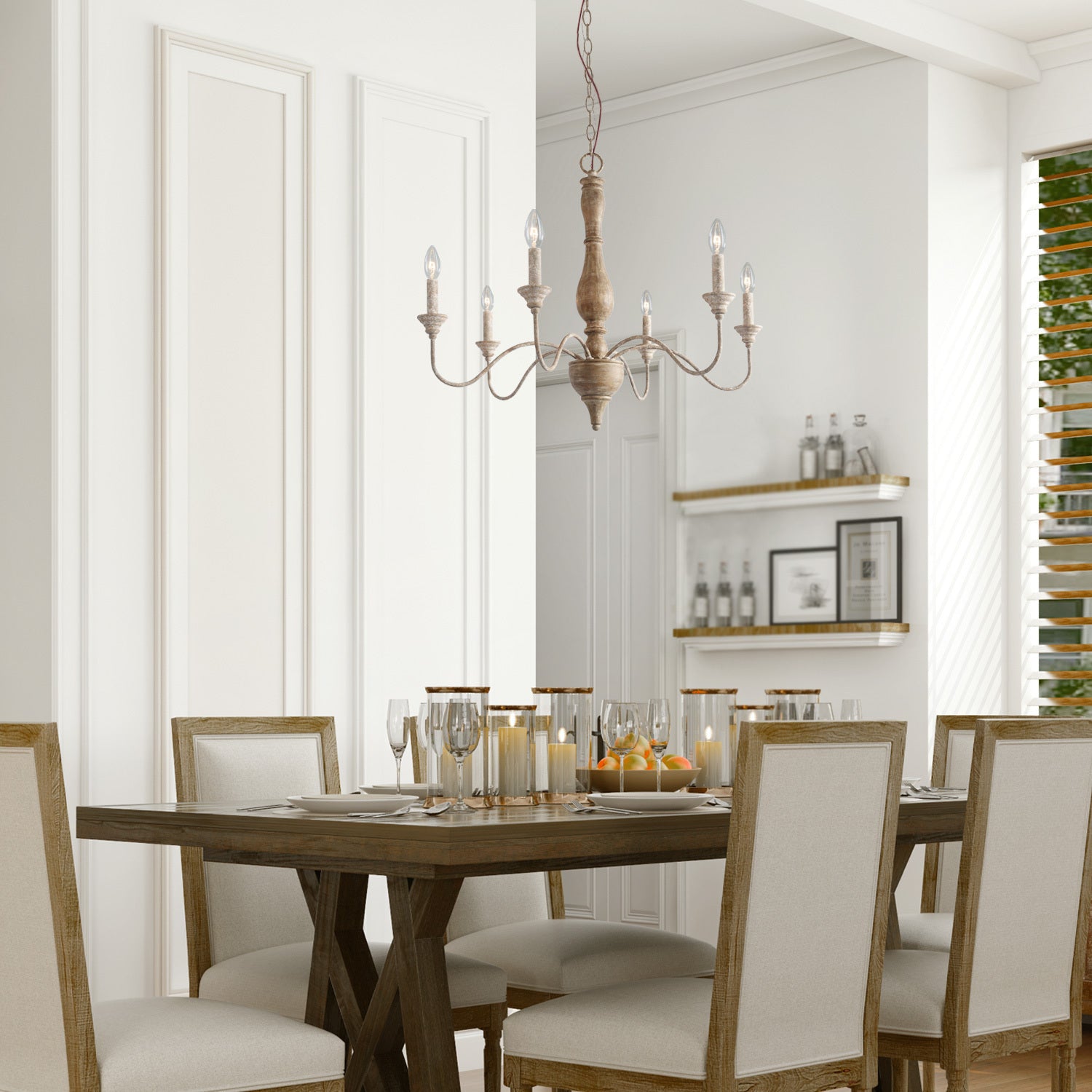 LNC 6-Light French Country Distressed Off-White Handmade Wood and Metal Candle Shape Chandelier
