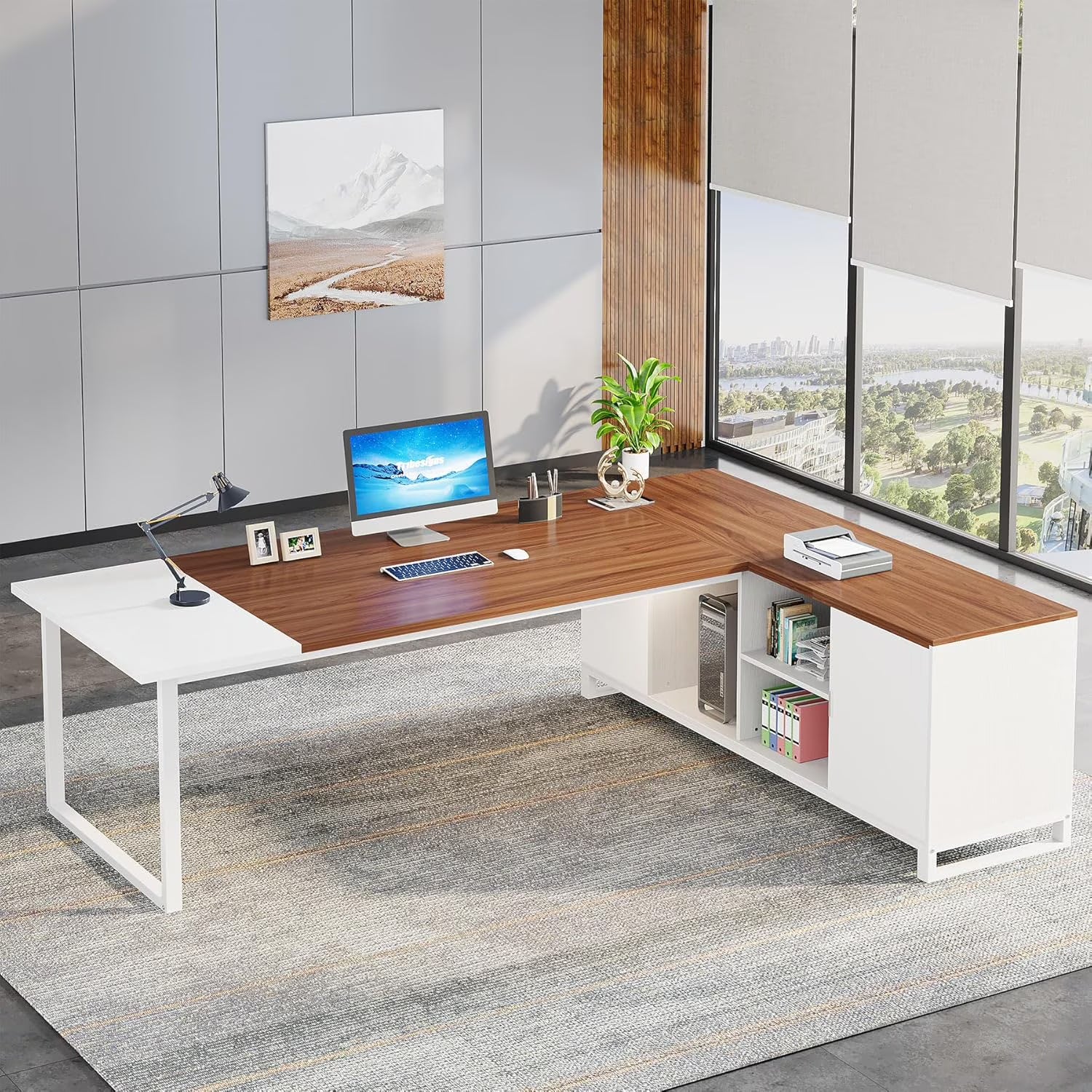 Tribesigns 70.8" L-Shaped Executive Desk with 55" File Cabinet, Modern L-Shaped Computer Desk with Storage Shelves and Cabinet for Home Office, Walnut White
