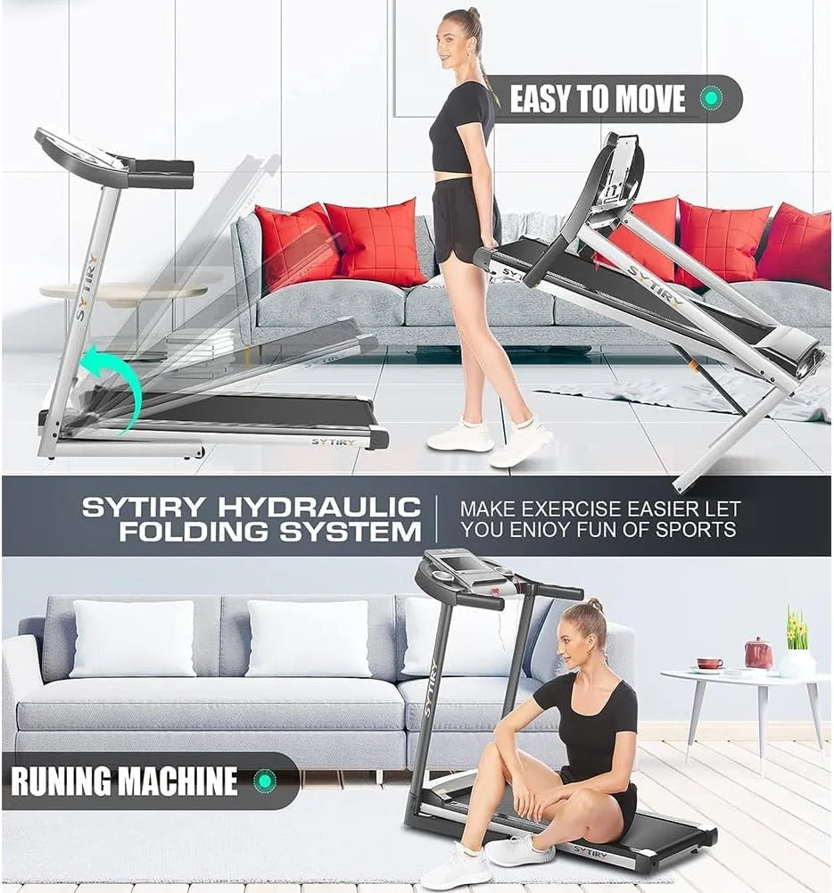 SYTIRY Folding Treadmill w/10" HD Touchscreen WiFi 3.25 HP Adjustable Incline Treadmills, Heart Rate Monito 9 MPH Speed Range Jogging Running Machine for Home Office 265lbs Weight Capacity