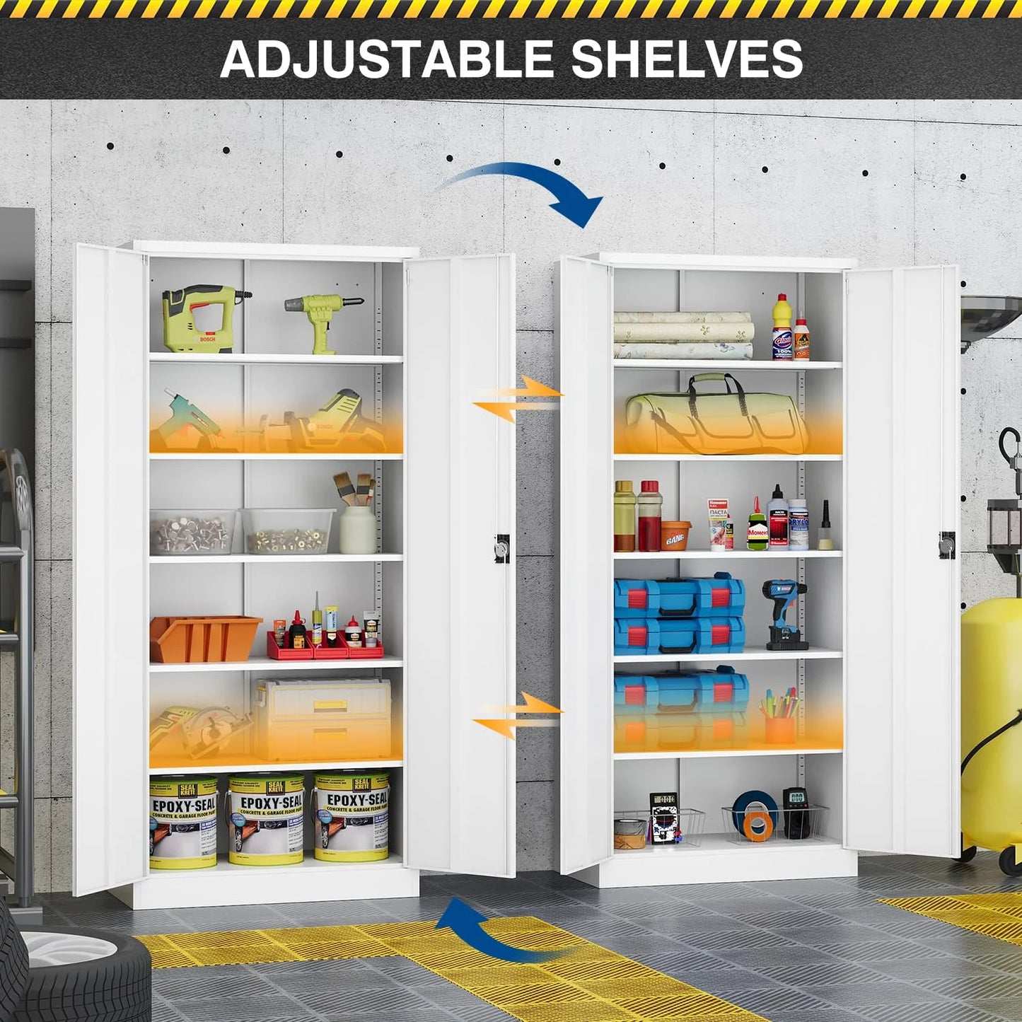 Fesbos Metal Garage Storage Cabinet,71" H Tall White Cabinet with 2 Doors and 5 Adjustbale Shelves,Lockable Tool Cabinet for Garage, Basement, Home Office