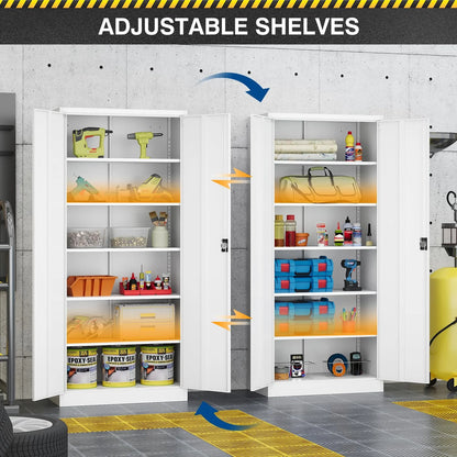 Fesbos Metal Garage Storage Cabinet,71" H Tall White Cabinet with 2 Doors and 5 Adjustbale Shelves,Lockable Tool Cabinet for Garage, Basement, Home Office