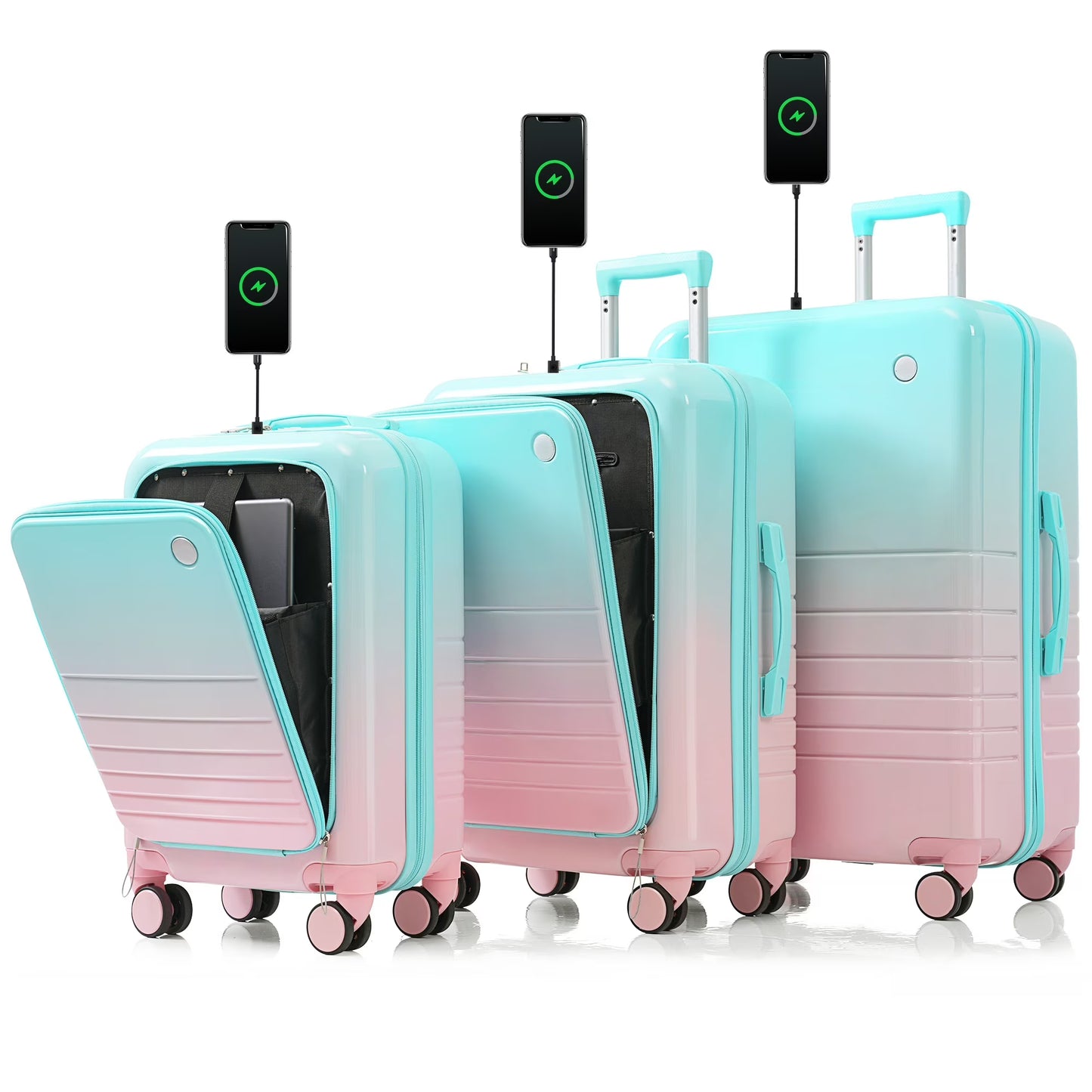 Euroco 3 Piece Luggage Sets, Hardshell Suitcase Set with Front-Opening,USB Port ,Cup Holder and Spinner Wheels,Lightweight Travel Luggage Set(20"/24"/28"),Ivory