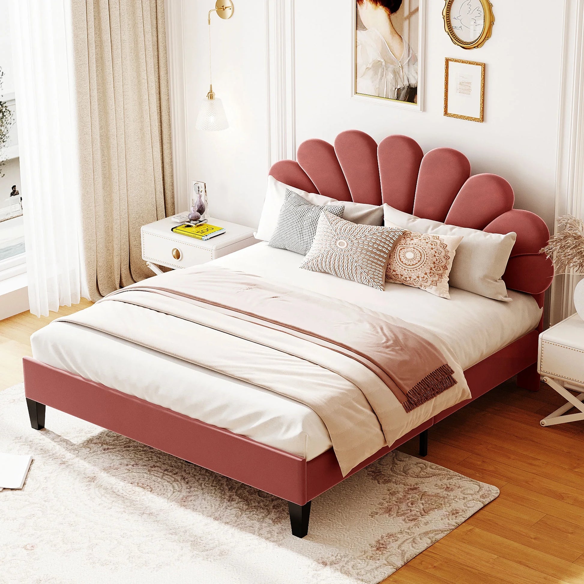 CITYLE Queen Size Upholstered Platform Bed with Flower Pattern Velvet Headboard, Queen Bed Frame for Kids and Adults, Bean Paste Red
