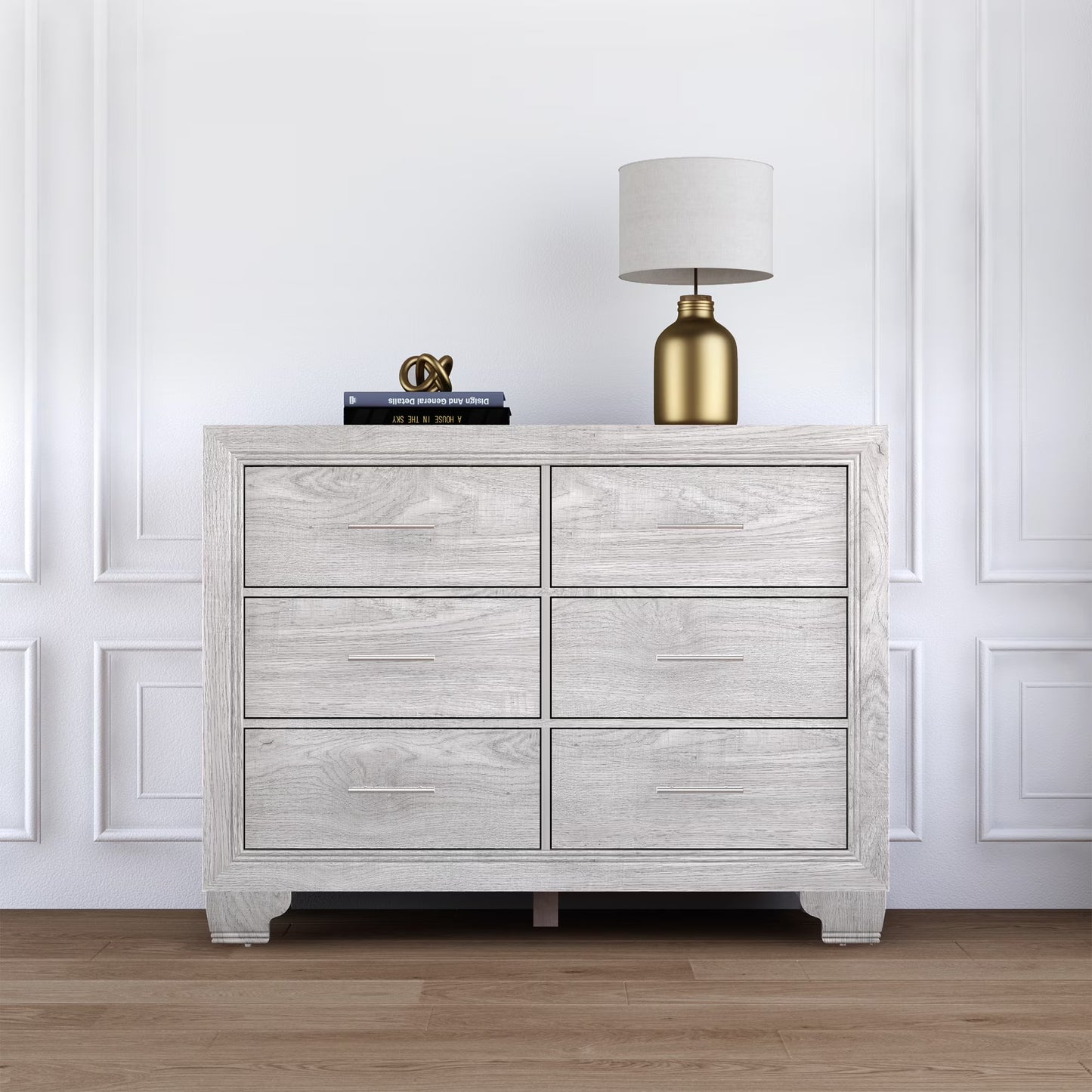 Homhougo White Dresser for Bedroom 6 Drawer, Wood Organizer Storage Cabinet with Gray Strip Drawer Door, Chest of Drawers for Closet, Living Room, Hallway, Nursery, Kids Bedroom