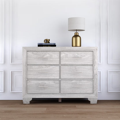 Homhougo White Dresser for Bedroom 6 Drawer, Wood Organizer Storage Cabinet with Gray Strip Drawer Door, Chest of Drawers for Closet, Living Room, Hallway, Nursery, Kids Bedroom
