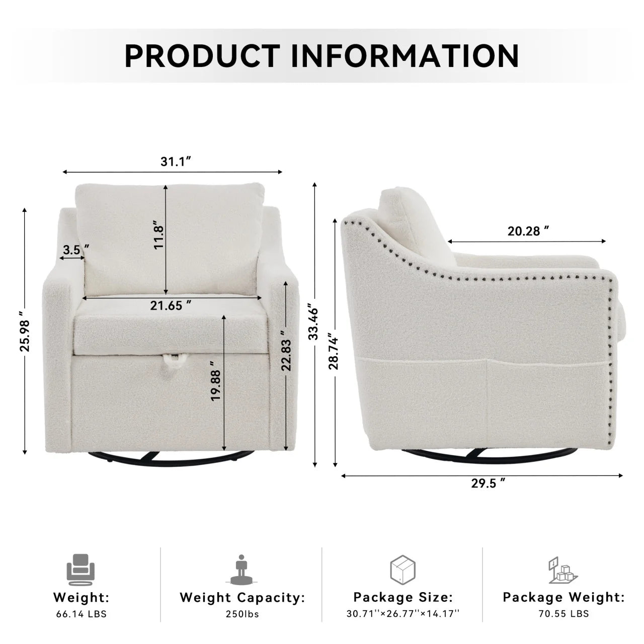 Swivel Barrel Chair, Swivel Accent Chair for Living Room with Storage Seat and Pillow, 360 Degree Swivel Barrel Club Chair, Round Armchairs Nursery, Hotel, Bedroom, Office, Lounge, Ivory White