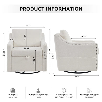 Swivel Barrel Chair, Swivel Accent Chair for Living Room with Storage Seat and Pillow, 360 Degree Swivel Barrel Club Chair, Round Armchairs Nursery, Hotel, Bedroom, Office, Lounge, Ivory White