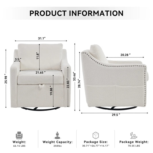 Swivel Barrel Chair, Swivel Accent Chair for Living Room with Storage Seat and Pillow, 360 Degree Swivel Barrel Club Chair, Round Armchairs Nursery, Hotel, Bedroom, Office, Lounge, Ivory White