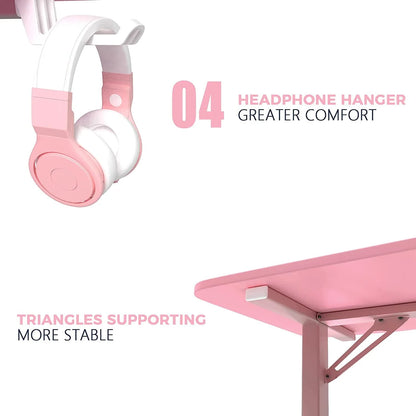 Vitesse Pink Gaming Desk 40 Inch Computer Desk Cute Gaming Table T-Shaped Girl Gamer Desk Gaming Workstation Home Office Desk with Carbon Fiber Surface and Headphone Hook (Pink)