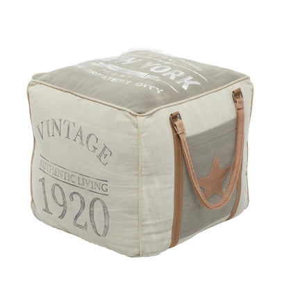DecMode Rustic and Organic Square Ottoman Fabric Pouf features White Canvas and Brown Leather Handles with "Lonely Wolf" and Star Designs, 20"W x 19"H