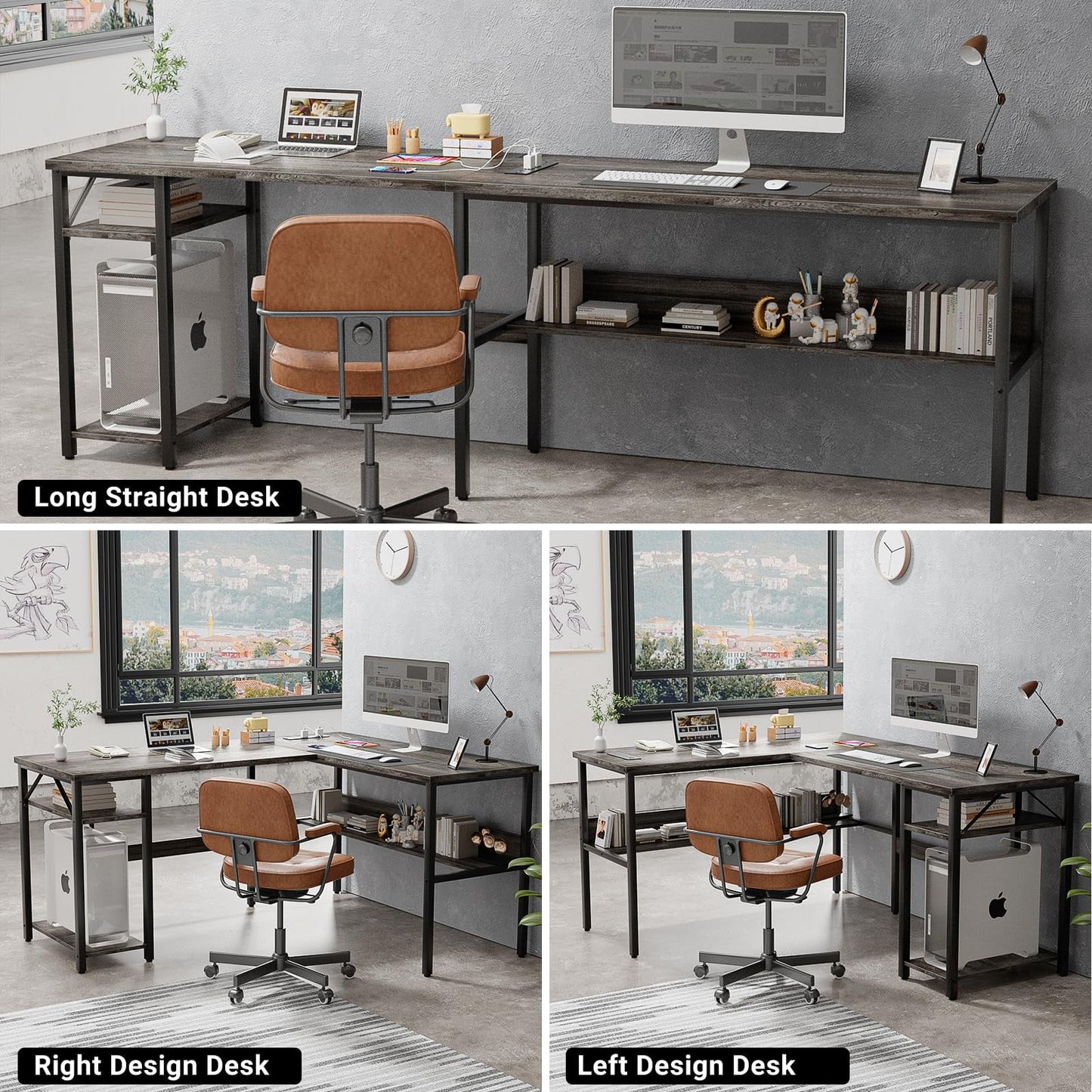 Homieasy Reversible L Shaped Desk with Magic Power Outlets and USB Charging Ports, Sturdy Corner Computer Desk with Storage Shelves, Gaming Table Home Office Desk, Easy to Assemble, Black Oak