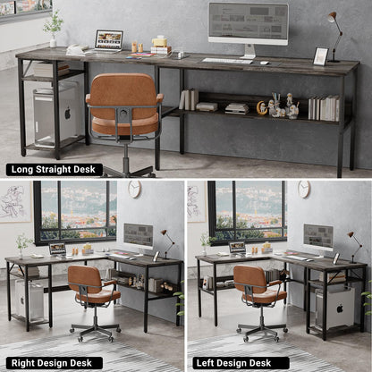 Homieasy Reversible L Shaped Desk with Magic Power Outlets and USB Charging Ports, Sturdy Corner Computer Desk with Storage Shelves, Gaming Table Home Office Desk, Easy to Assemble, Black Oak