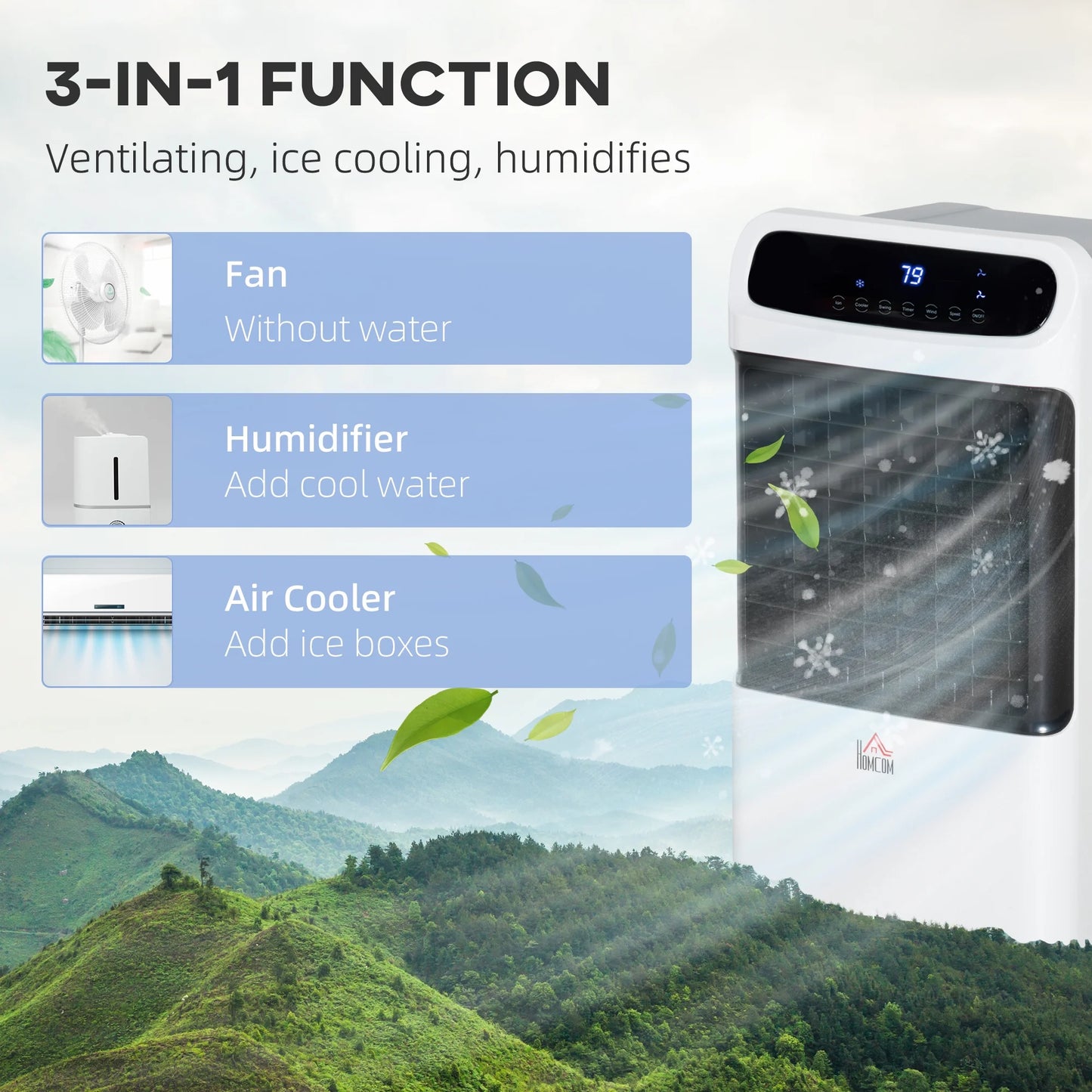 HOMCOM 32" Evaporative Air Cooler with 3.2 Gal Water Tank, 60° Oscillating, 3-In-1 Ice Cooling Fan, Portable Swamp Cooler with Humidifier for Home Office, 3 Modes, 3 Speeds, 12H Timer, Remote, White