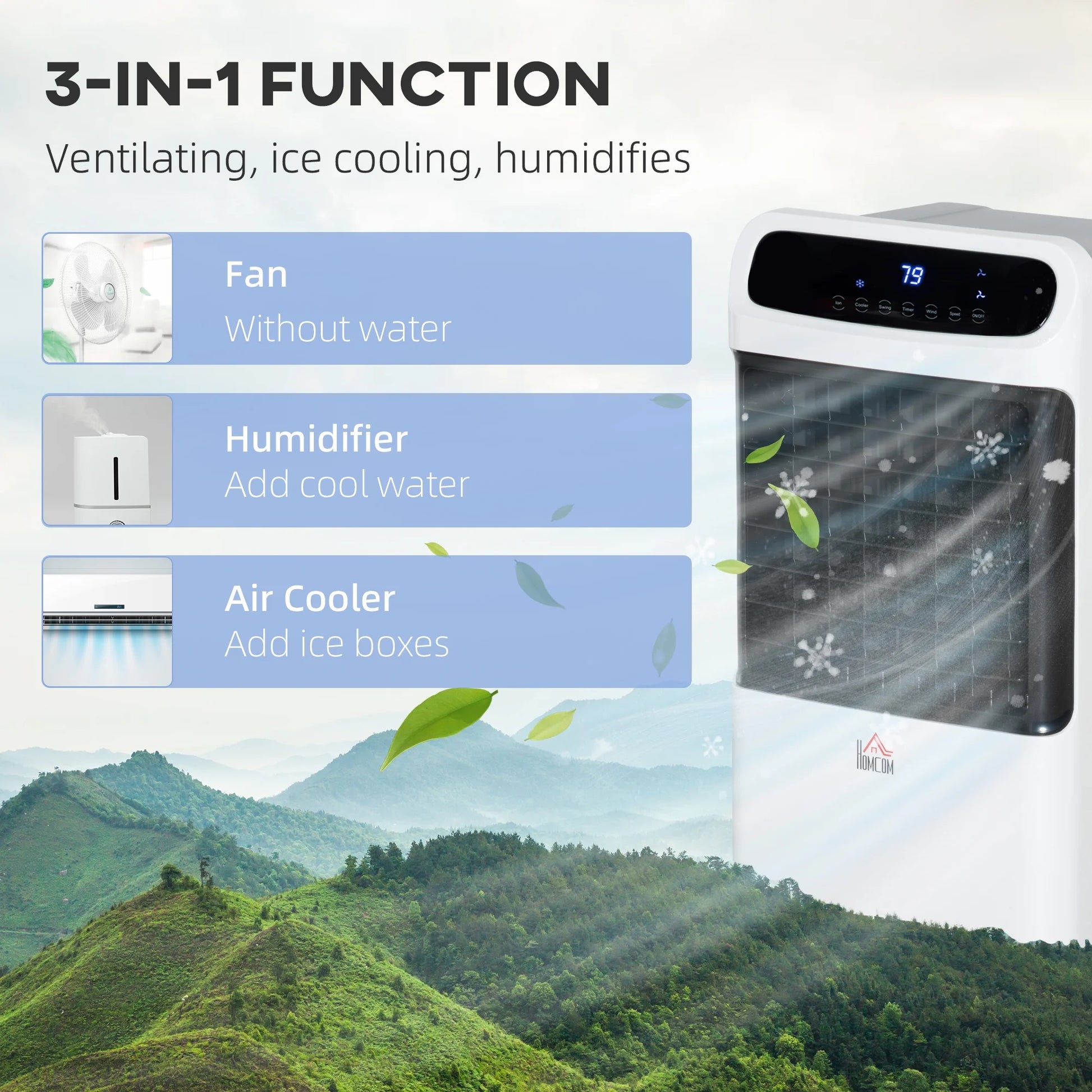 HOMCOM 32" Evaporative Air Cooler with 3.2 Gal Water Tank, 60° Oscillating, 3-In-1 Ice Cooling Fan, Portable Swamp Cooler with Humidifier for Home Office, 3 Modes, 3 Speeds, 12H Timer, Remote, White