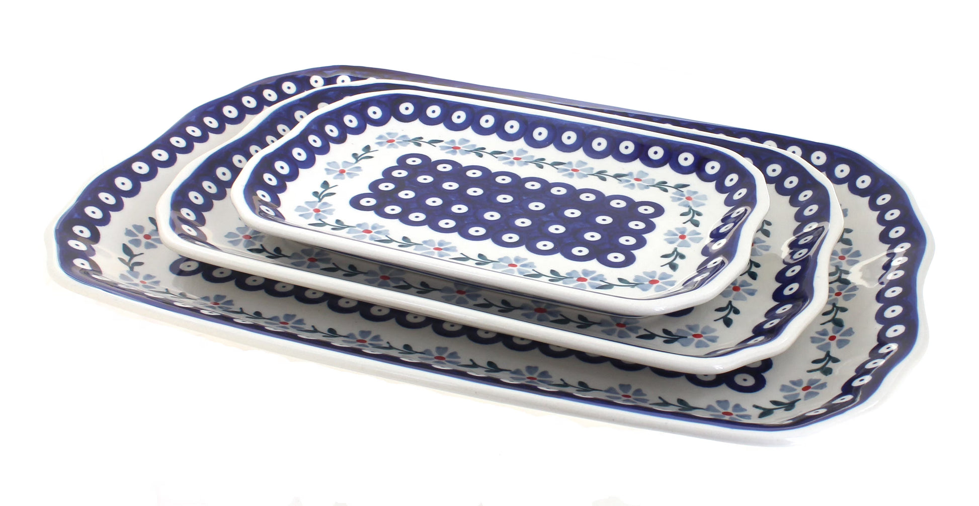 Blue Rose Polish Pottery Sunflower 3 Piece Rectangular Serving Dish Set