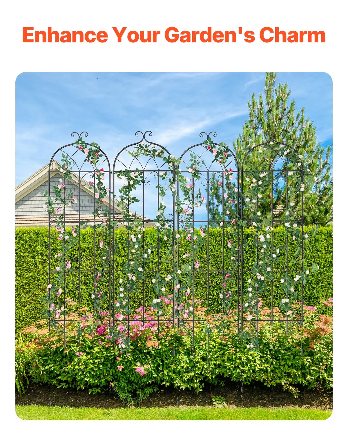 KFFKFF Outdoor Trellis for Vine Plants, Dimensions 87 x 20 inches, Set of 4 Durable Metal Garden Trellis, Ideal for Climbing Roses and Cucumbers, Decorative Clematis Trellis