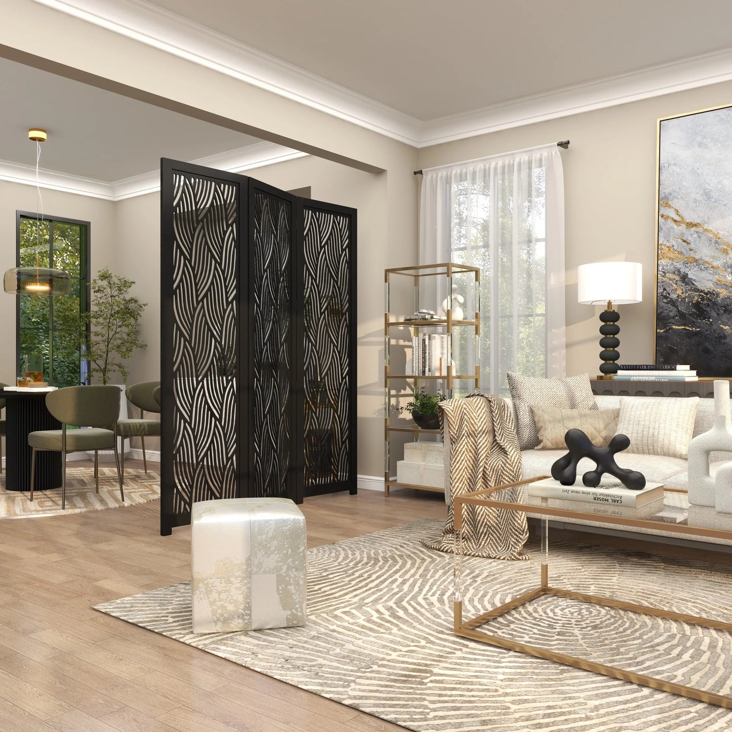 DecMode 60" x 72" Black Mango Wood Abstract Wavy Cutout 3 Panel Room Divider Screen, 1-Piece