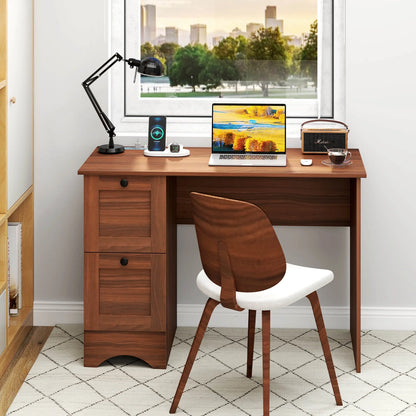 BHUIK Vintage Computer Desk with Charging Station, 43" Home Office Writing Table with 3 Drawers, USB & Type-C Ports, Wooden Study Workstation for Small Spaces, Walnut