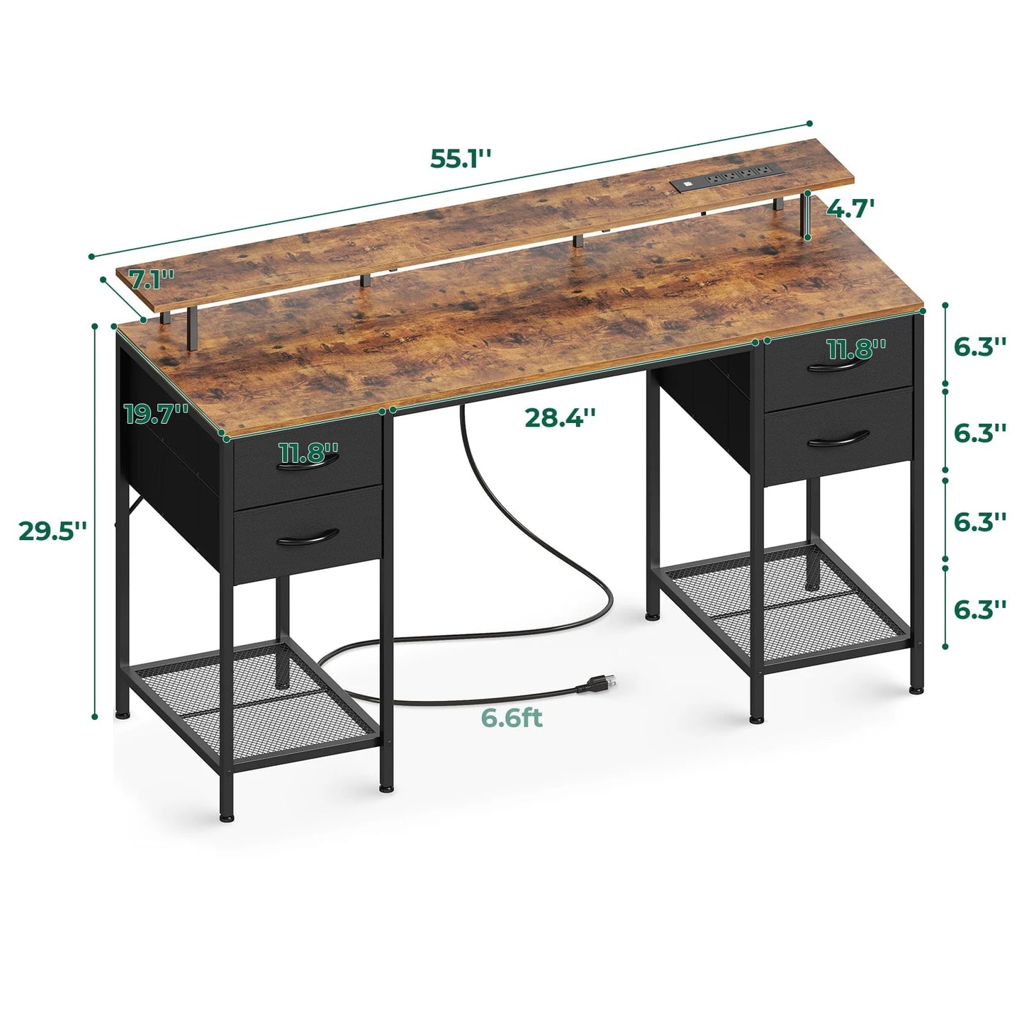 Huuger 55" Computer Desk with LED Lights & Power Outlets, Industrial Home Office Desk with Drawers & Storage Shelves, Corner Writing Desk, Gaming Desk, Rustic Brown