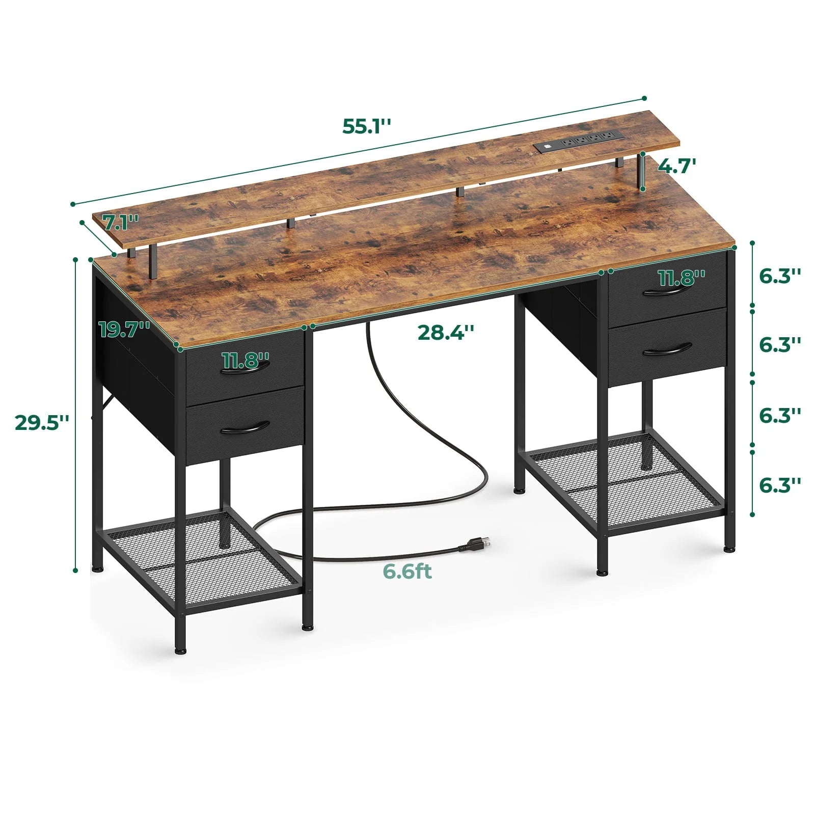 Huuger 55" Computer Desk with LED Lights & Power Outlets, Industrial Home Office Desk with Drawers & Storage Shelves, Corner Writing Desk, Gaming Desk, Rustic Brown