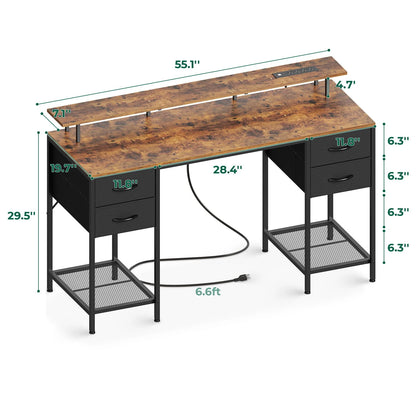Huuger 55" Computer Desk with LED Lights & Power Outlets, Industrial Home Office Desk with Drawers & Storage Shelves, Corner Writing Desk, Gaming Desk, Rustic Brown