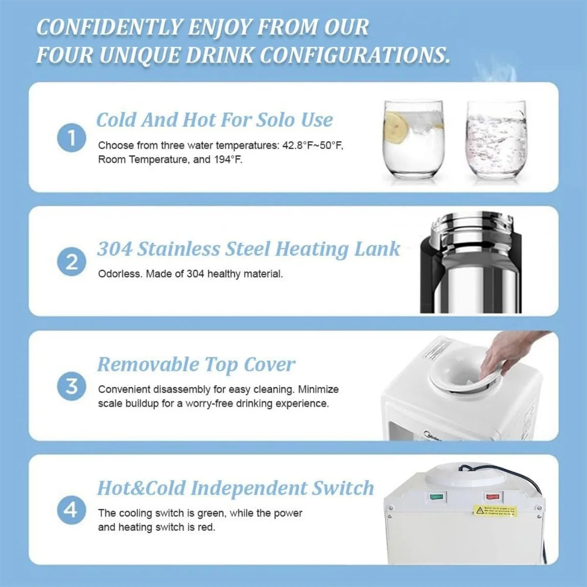Water Cooler Dispenser, 3 or 5 Gallon Top Loading Hot/Cold Water Cooler Dispenser with Child Safety Lock & Storage Cabinet for Kitchens, Indoor Home Office Use, White
