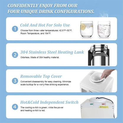 Water Cooler Dispenser, 3 or 5 Gallon Top Loading Hot/Cold Water Cooler Dispenser with Child Safety Lock & Storage Cabinet for Kitchens, Indoor Home Office Use, White