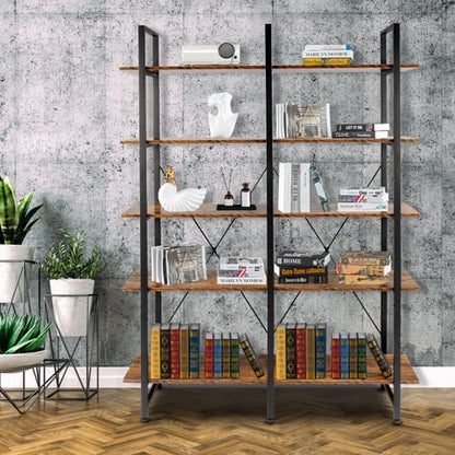Ktaxon 5-Tier Open Bookcase, Wood and Metal Etagere Bookshelves Display Storage Rack for Home Office Decor, Vintage Brown