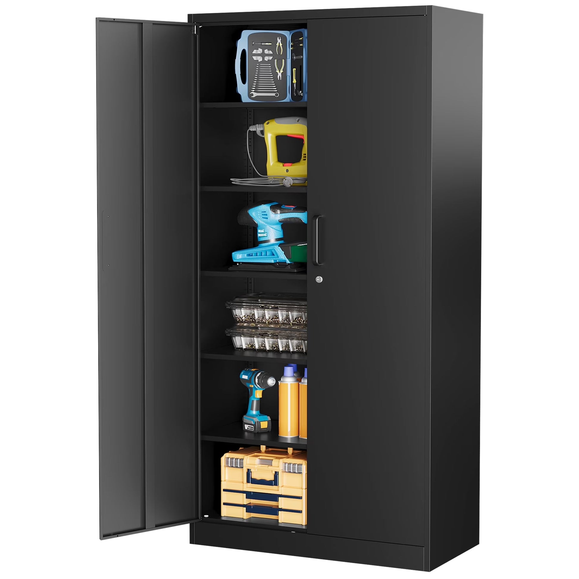 AUHUP 71" Metal Cabinet with Locking Doors and 5 Adjustable Shelves, Black Garage Storage Cabinet for Warehouse, Basement, Home Office, Tool File Storage Utility Cabinets